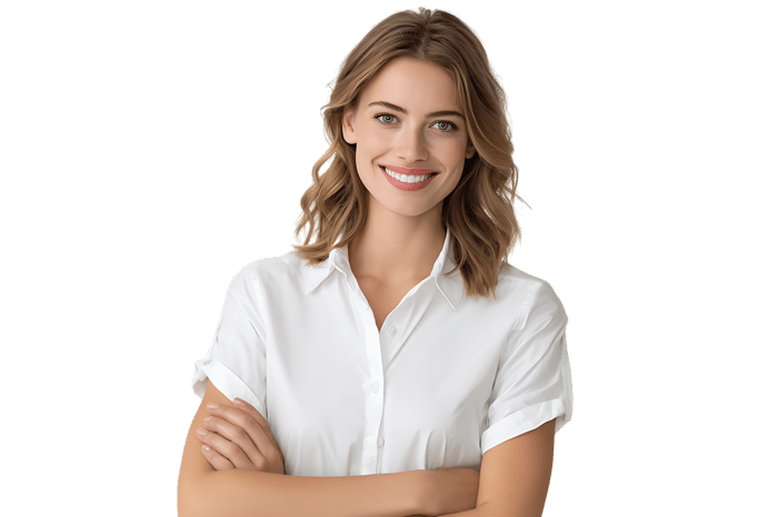 Portrait of a smiling, confident young woman in a white shirt.