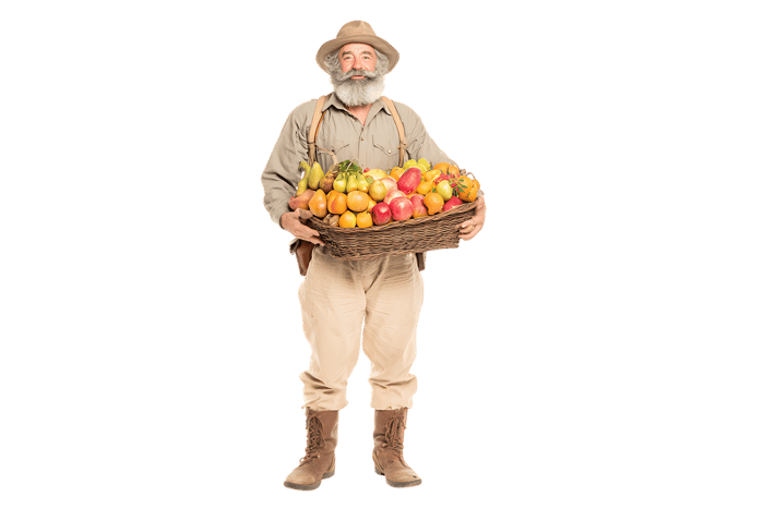Farmer holding a basket of fresh fruits.