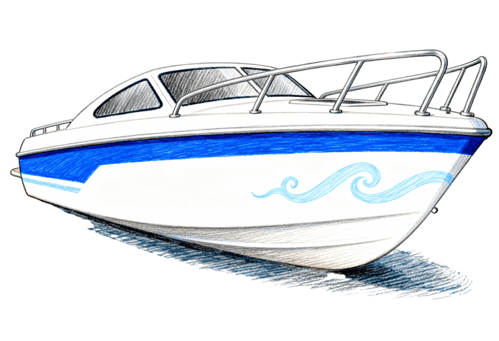 Illustration of a white and blue motorboat on the water