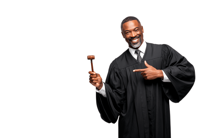 Confident judge upholding justice with a smile.