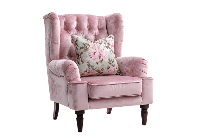 Pink velvet armchair with floral cushion