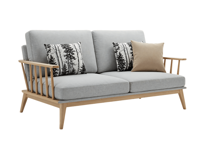 Modern light grey fabric sofa with wooden legs and pillows