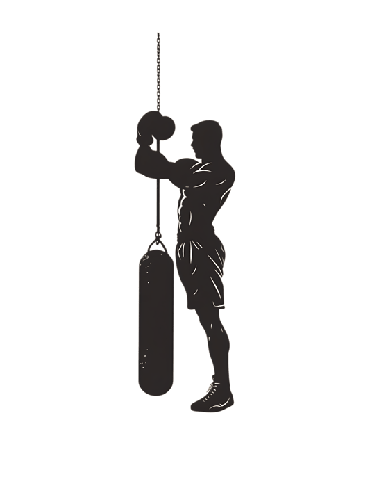 Silhouette of boxer training with punching bag