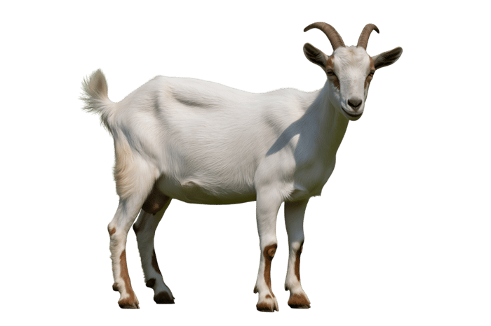 Full body shot of a white goat with horns