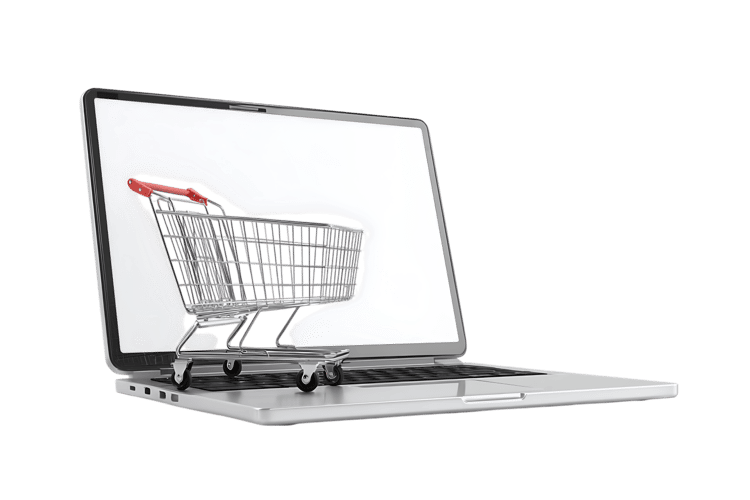 Shopping cart coming out of laptop screen.