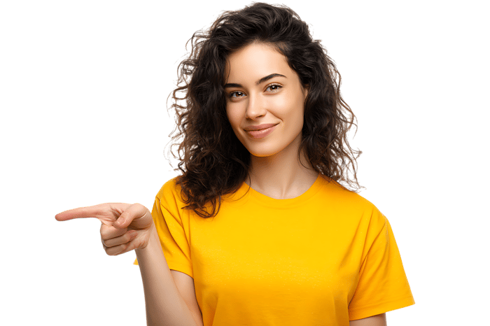 Happy woman in yellow t shirt pointing finger to the side. Great for advertising.