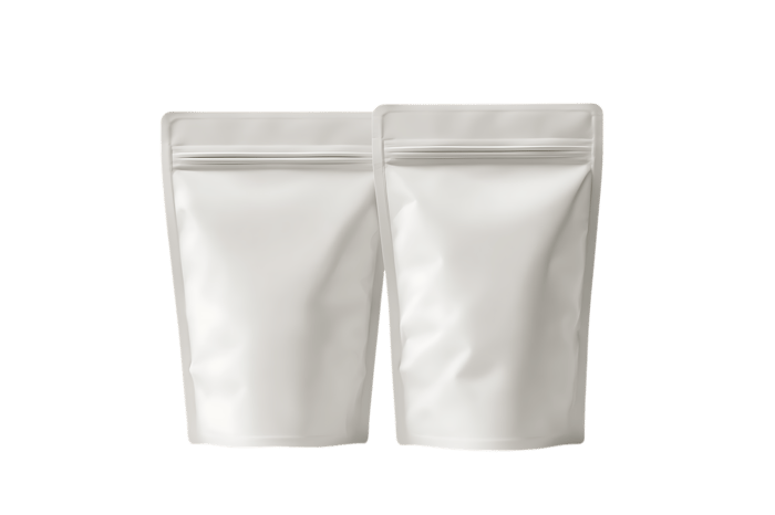 Two blank white stand up pouches with zippers.