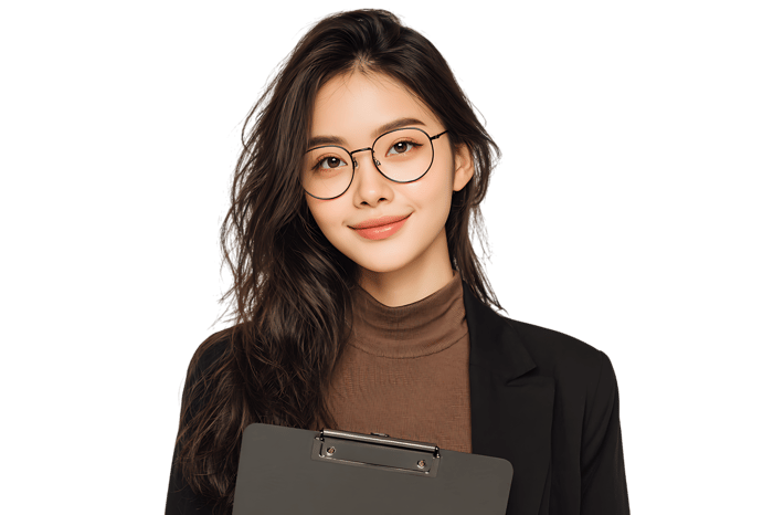 Confident young woman in glasses holding a clipboard.