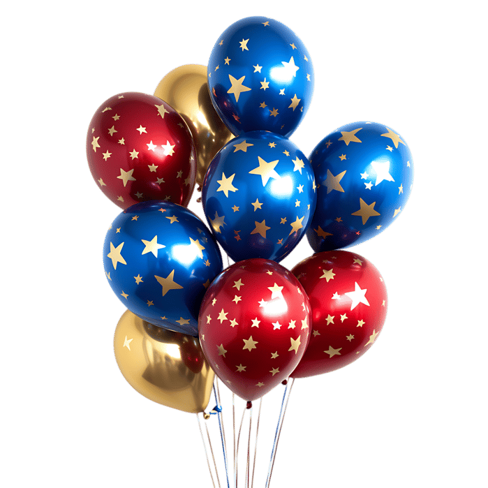 Bunch of red, blue, and gold star balloons711.