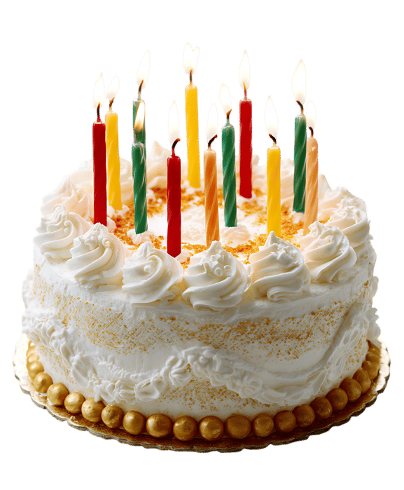 A delicious birthday cake with lit candles.