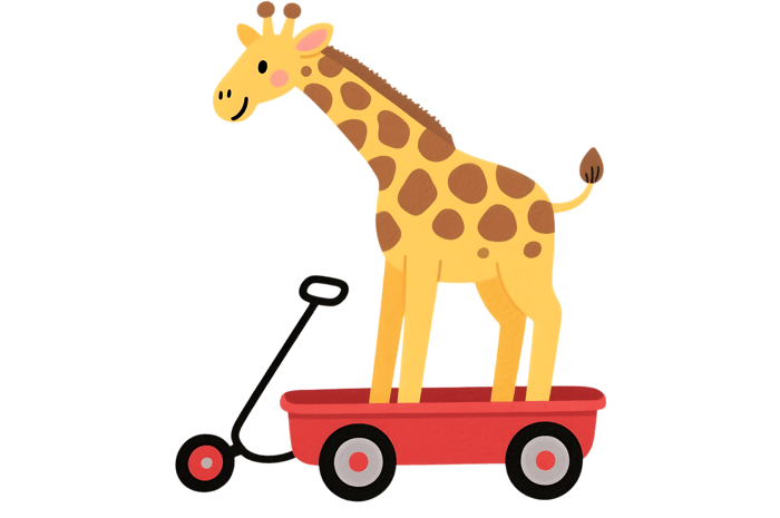 Cartoon giraffe riding in a red wagon
