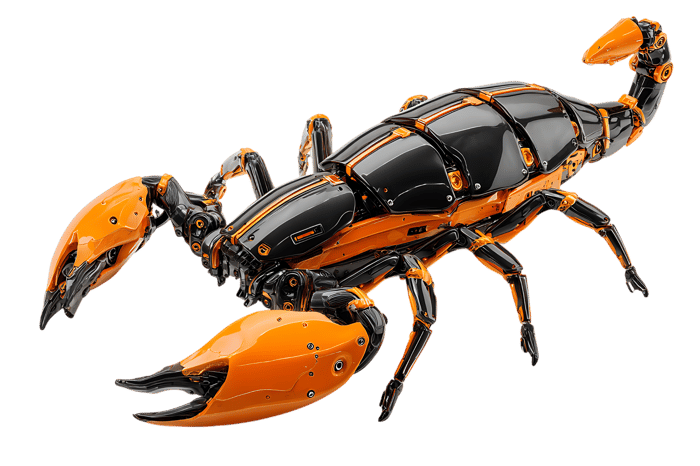 Cyberpunk scorpion robot, black and orange, isolated on black background.
