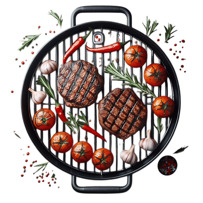 Grilled steaks with tomatoes, garlic, and chili peppers.