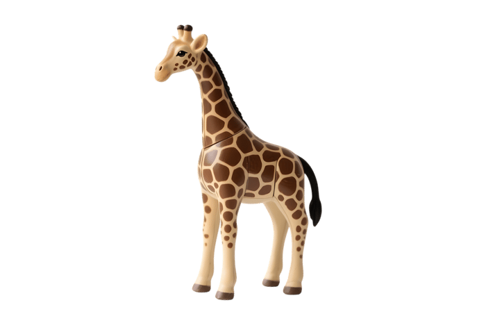 Toy giraffe with brown spots, standing tall