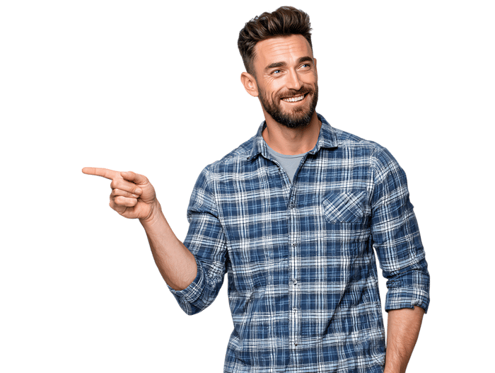 Happy man pointing aside, showing direction. Check this out!