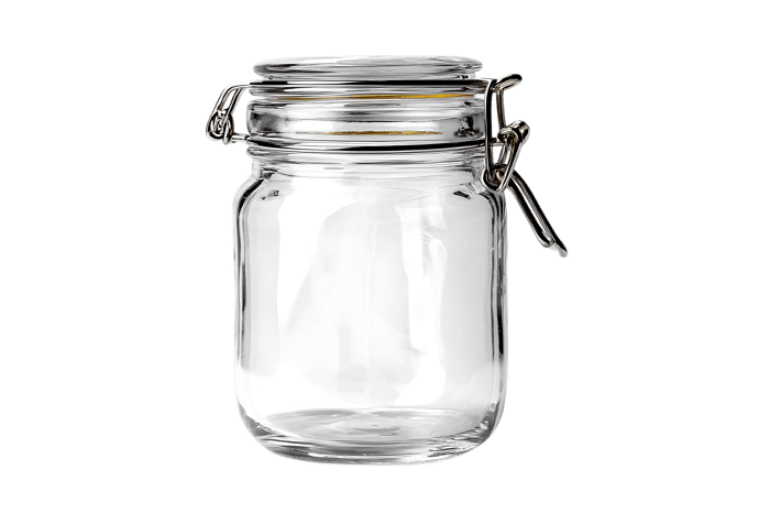 Empty glass jar with a metal clamp lid.