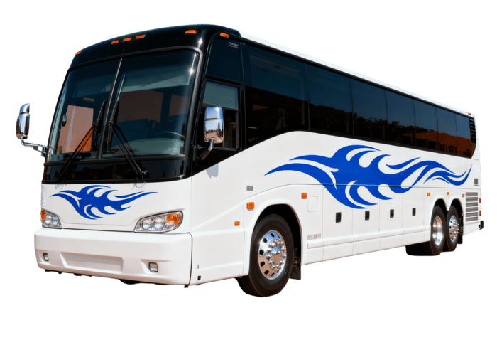 White passenger bus with blue flame design