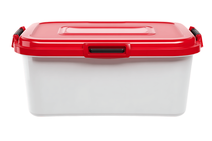 Red and white plastic storage container with lid and handles.