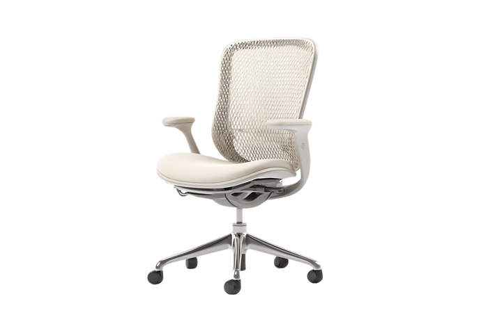 Beige ergonomic office chair with mesh back and adjustable arms