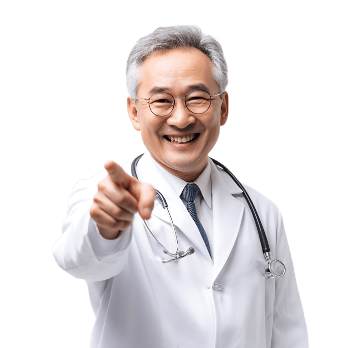 Smiling Asian doctor points at you.