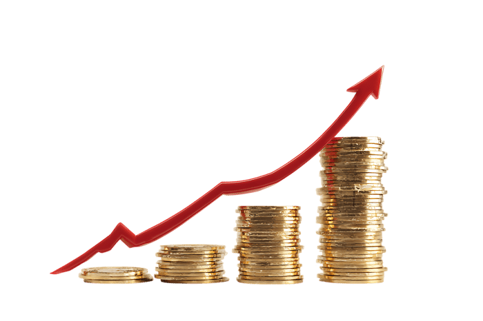 Stacks of gold coins with upward red arrow.  Financial success, wealth, investment.