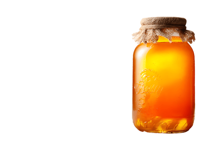 Illuminated glass jar of golden honey with rustic twine lid, isolated on white background