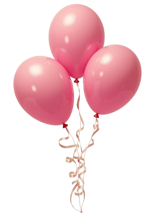 Three pink balloons tied with ribbons for a celebration