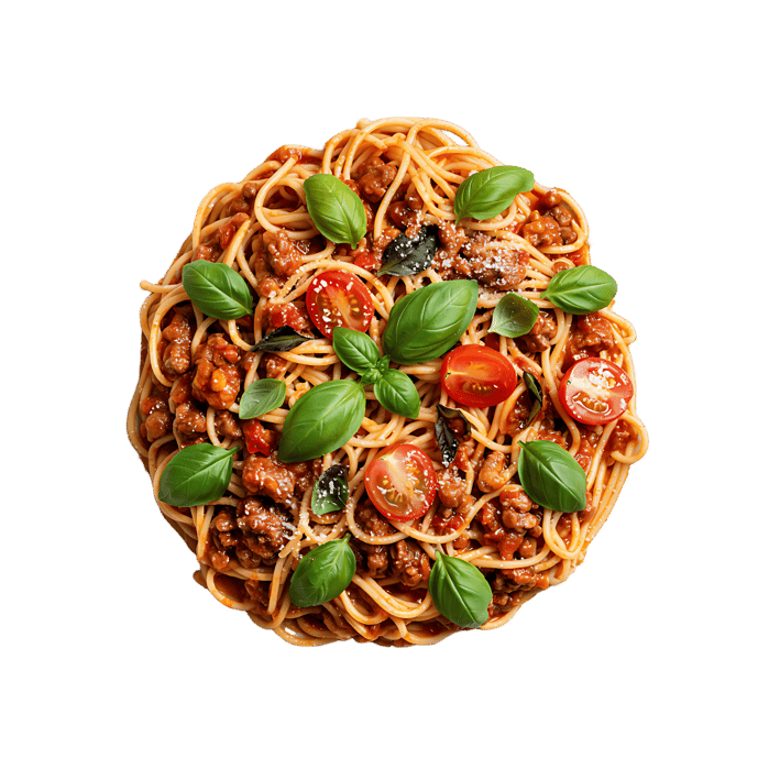Delicious spaghetti bolognese with basil and cherry tomatoes.