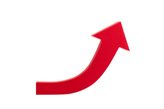 Curved red arrow pointing upwards. Growth, progress, success concept.
