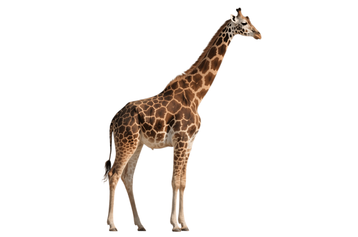 Standing giraffe with long neck and spotted hide