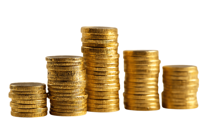 Stacks of gold coins show growth.