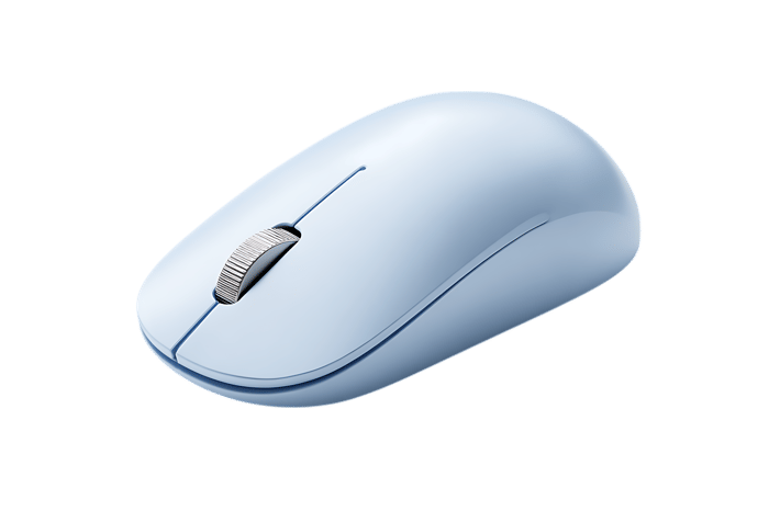 Modern, sleek, light blue wireless computer mouse isolated on black background.