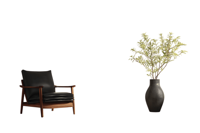 Modern minimalist interior design with armchair and dried flowers