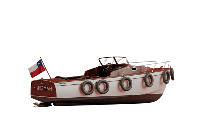 Vintage motorboat with chilean flag named fisherman