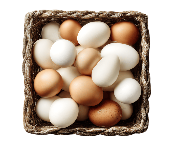 A basket full of brown and white eggs.