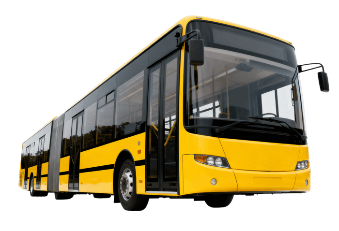 Yellow articulated bus for public transportation