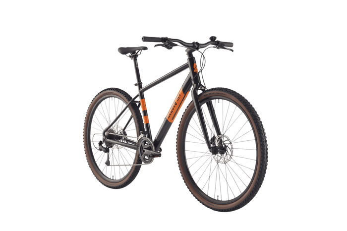 Modern black and orange hybrid bicycle for commuting and fitness