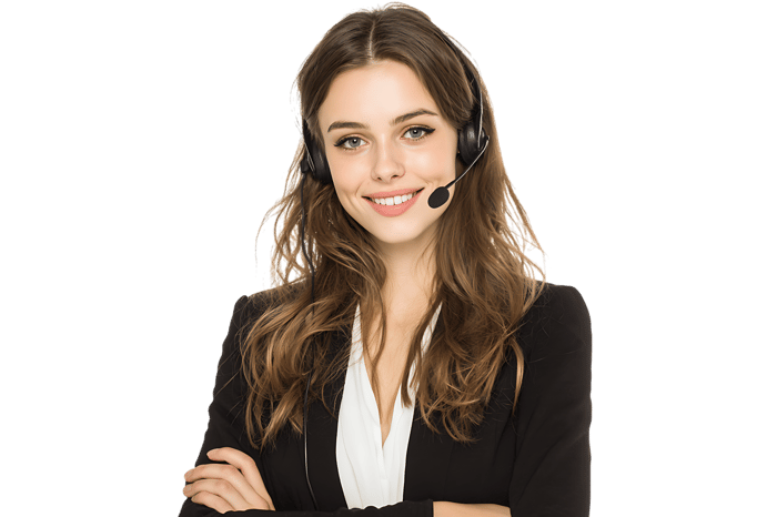 Smiling customer service representative wearing a headset.