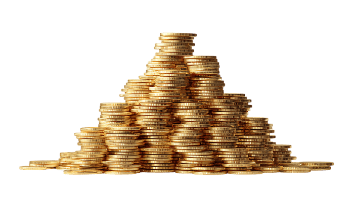 Golden coins piled high in a pyramid shape.