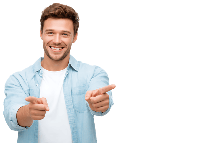 Happy man pointing at you, friendly gesture.