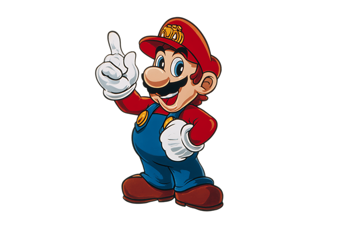 Mario character pointing upward cartoon illustration
