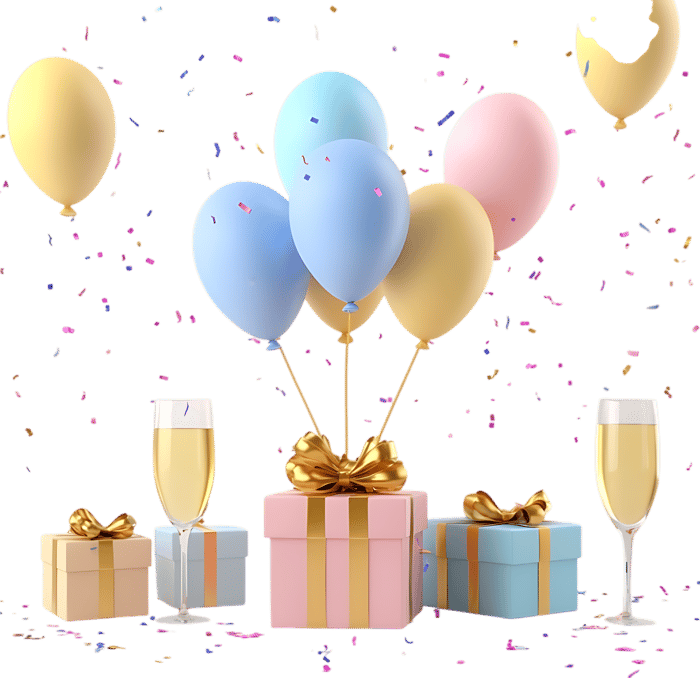 Celebration, gifts, champagne, balloons, confetti