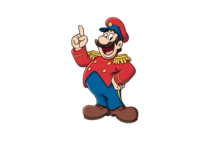Cartoon character in red uniform pointing upwards