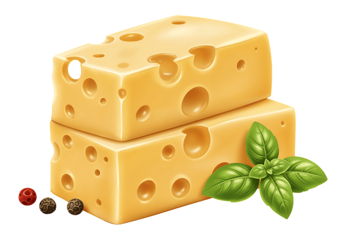 Two slices of Swiss cheese with basil and peppercorns.