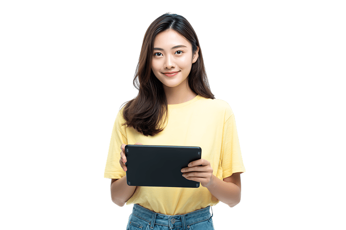 Smiling young woman using a tablet.
