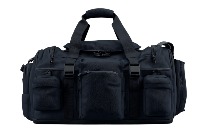 Dark colored duffel bag with multiple pockets