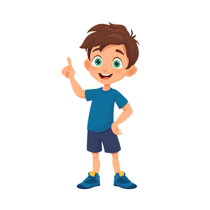 Cute boy pointing up with a bright idea. Perfect for educational or children's content.