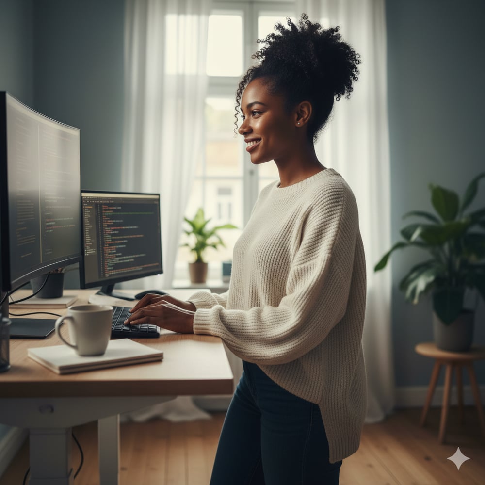 photorealistic image of a black female developer working during the daytime looking content and placed within a calm background