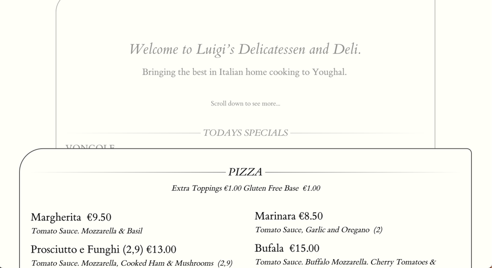 the menu cards filter