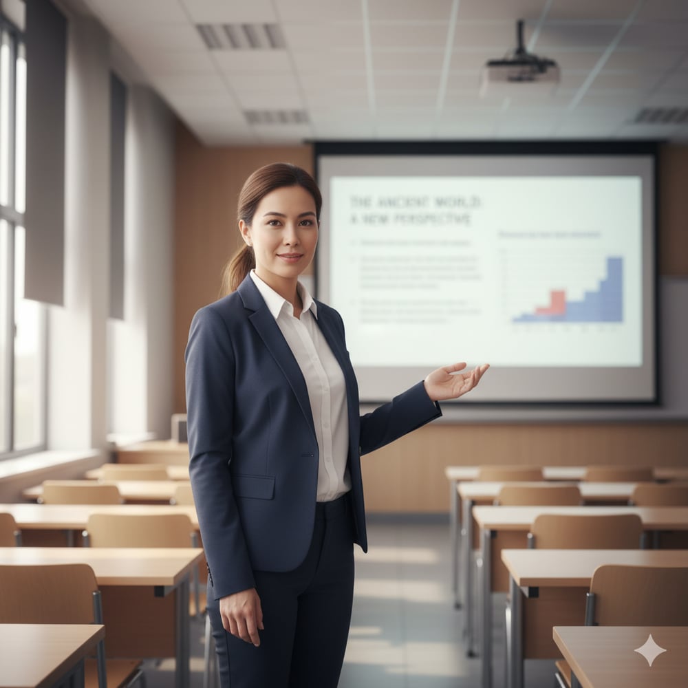 photorealistic image of a female university professor standing at the front of a lecture hall presenting slides, minimal background, focal point is the lecturer